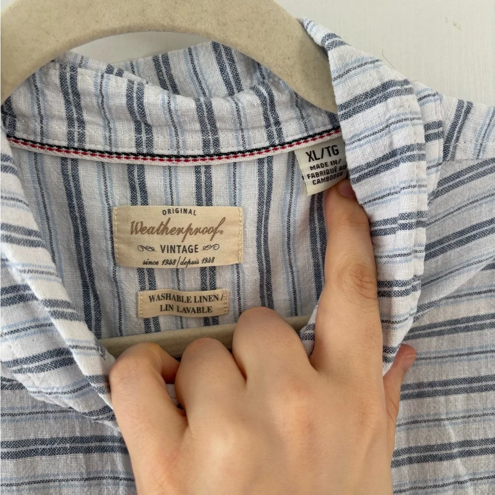 Weatherproof Men XL Striped Button Down Shirt Blue White Washable Linen Spring - Picture 4 of 8